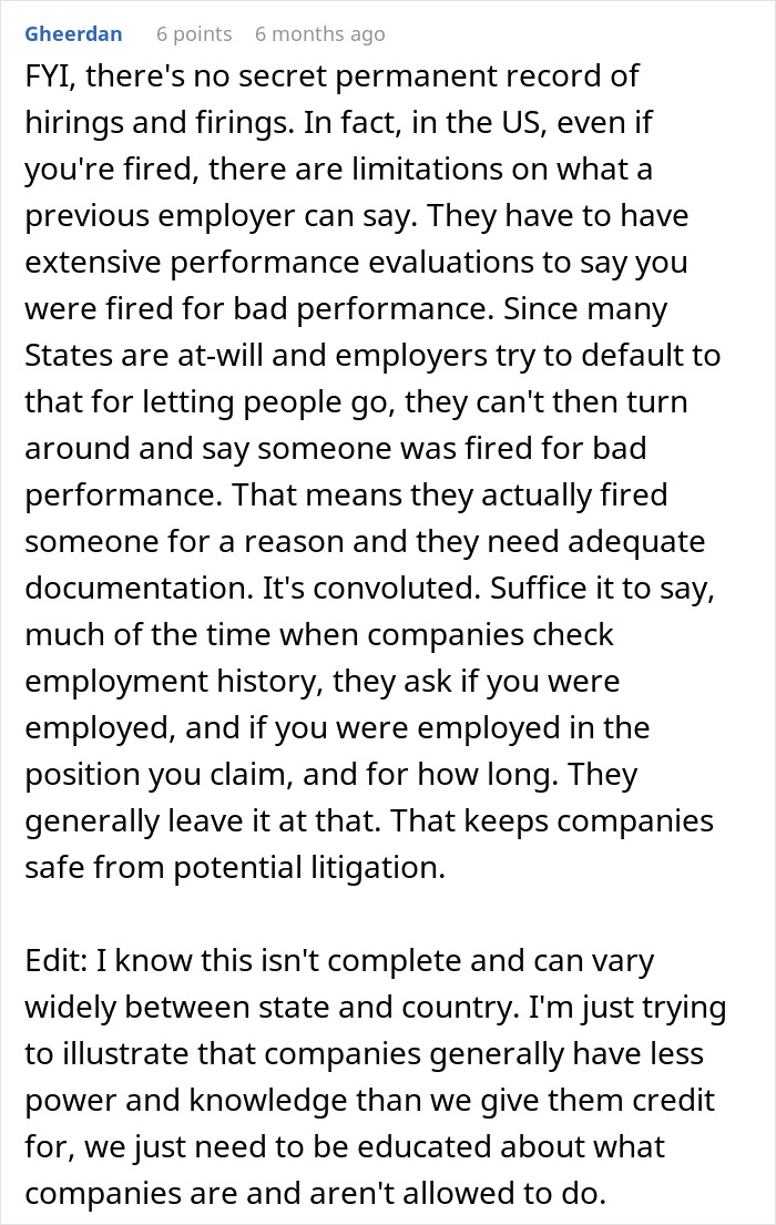 A screenshot of a Reddit post titled Gheerden discusses limitations on what a previous employer can say about an employee being fired, addressing employer mistakes.