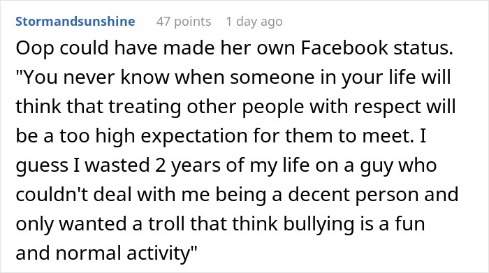 Screenshot of a comment about cyberbullying and relationship respect on a social media post