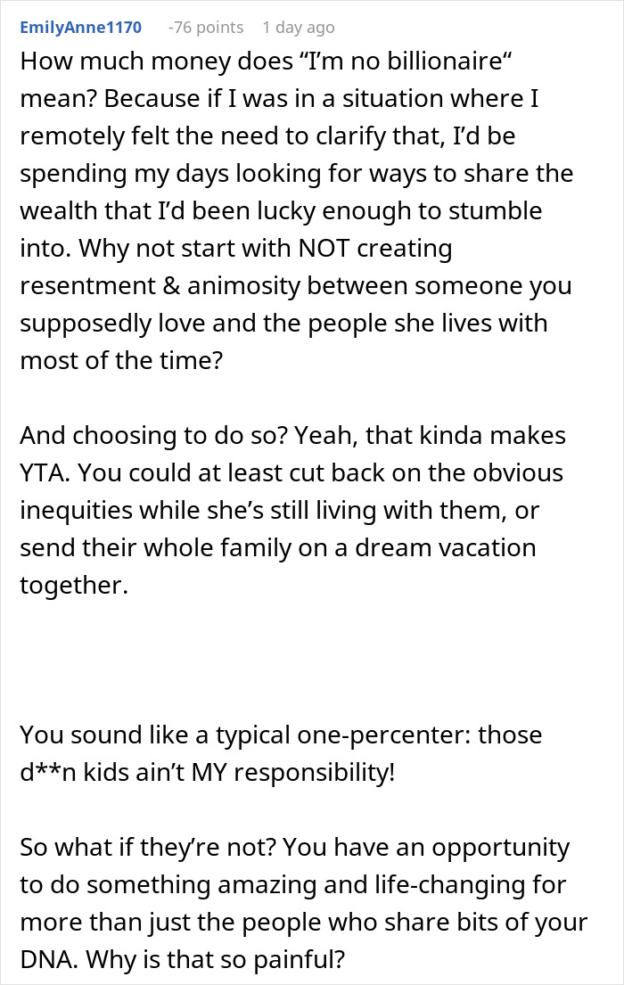 A social media post about a wealthy woman spoiling her niece, prompting jealousy and family demands.