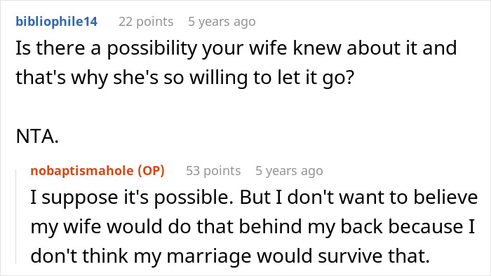 A Reddit thread discussing the MIL baptism secret, with a user asking if the wife knew. Dad has a major meltdown.