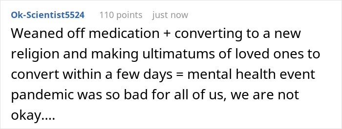 Screenshot of a Reddit comment discussing a wife becoming Muslim, demanding her husband do the same, and mental health.