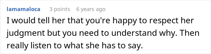 A Reddit comment offering advice on respecting judgment and listening, relating to the girlfriend's dad and his ugly cover-up.
