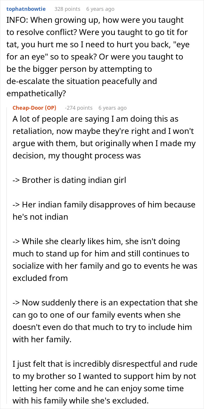 Comment explaining brother dating Indian girl and family disapproval in family event ban Comment explaining brother dating Indian girl and family disapproval in family event ban