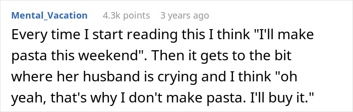 Comment about reading story and deciding not to make pasta after husband&rsquo;s reaction
