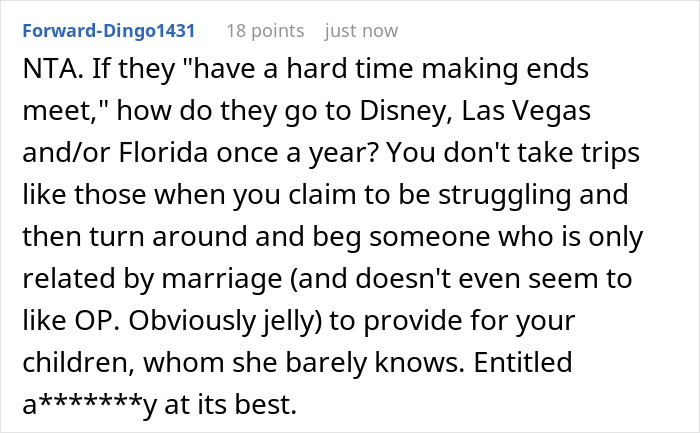 A Reddit comment about parents demanding a wealthy woman spoil her stepsiblings. The post discusses jealousy and financial struggles.