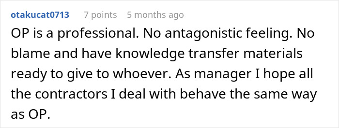 A Reddit comment praising a professional employee, showing why a company might panic when an employee walks away.