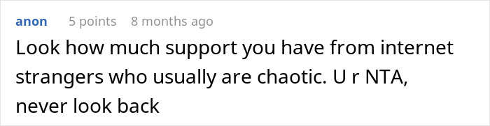 A supportive internet comment from anon on a post about a blended family and destroyed happiness.