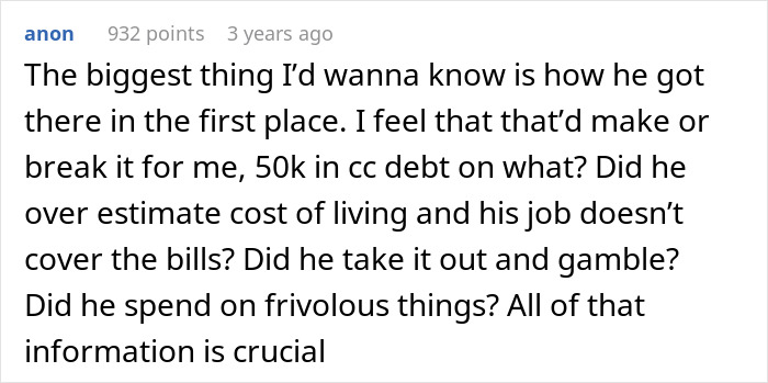 A Reddit comment questioning a man's 50k debt and his choices, reflecting a wife's financial nightmare with a second family.