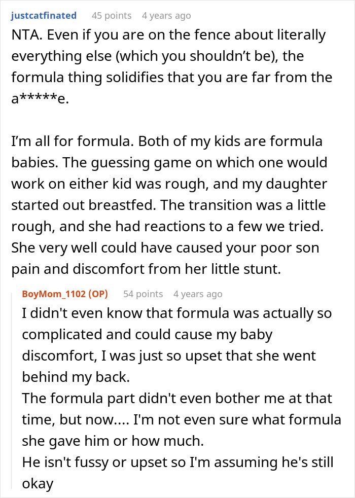 Reddit comments on a post about a MIL disowning her grandchild over circumcision. The text discusses formula feeding babies.