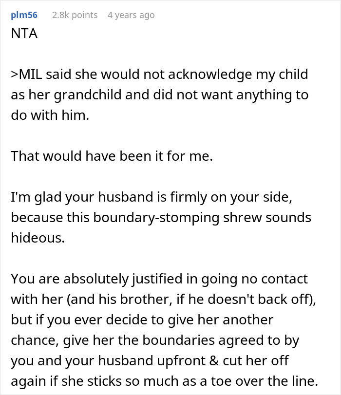 A Reddit post discussing a MIL disowning grandchild and boundaries.