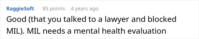 A user comment from RaggieSoft suggesting a MIL needs a mental health evaluation for disowning grandchild over circumcision.