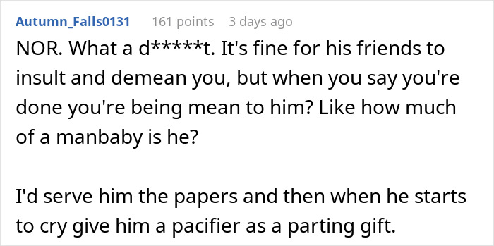 Comment criticizes husband's friends and calls him a manbaby