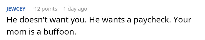 Comment calling fianc&eacute; interested in paycheck not love