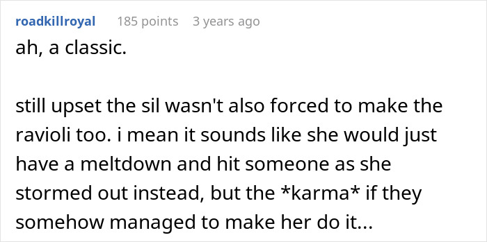 Comment discussing SIL meltdown and karma involving ravioli making
