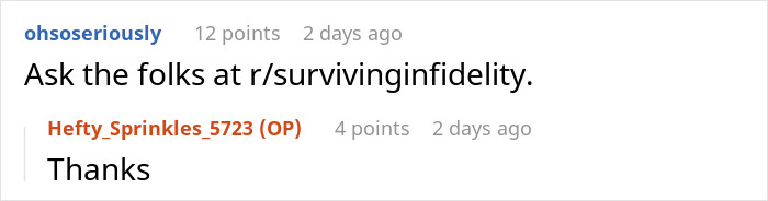Suggestion to ask the community at surviving infidelity for support