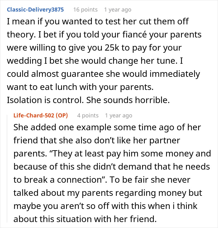 A Reddit screenshot with two comments, discussing a manipulative fianc&eacute;e and her expectations for her guy to cut off his parents.