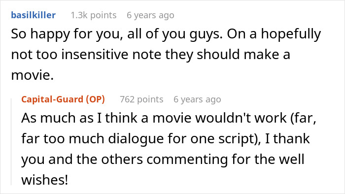 Reddit comments congratulating and discussing movie potential