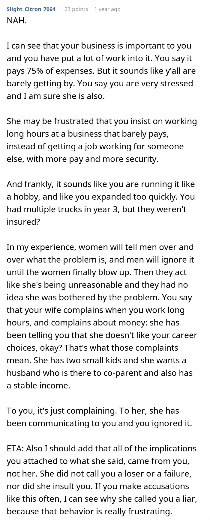 A social media post where a user comments on a man's struggling business, implying his wife didn't call him a loser and a failure.