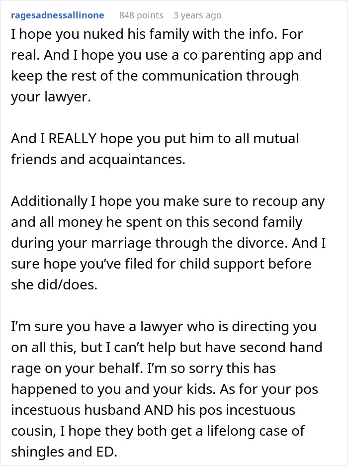 An enraged user comment on Reddit about financial nightmare caused by a husband with a second family, offering advice and expressing anger.