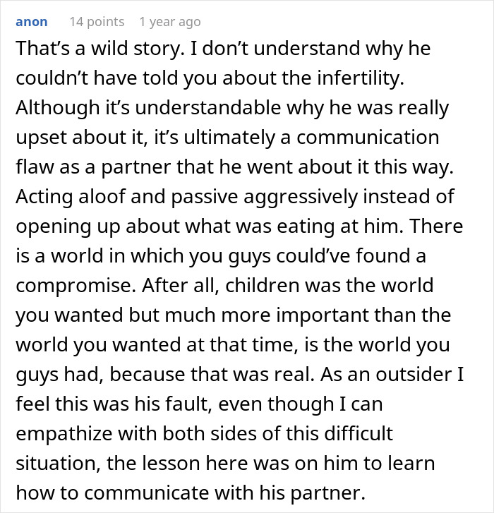 Comment discussing infertility and communication issues in relationship