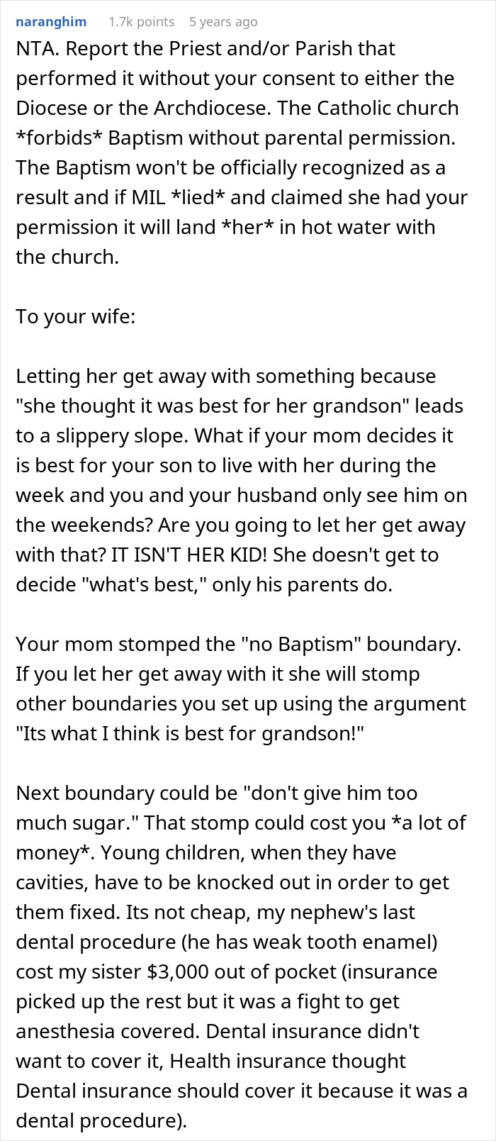 A Reddit post discussing a MIL who secretly baptized a child, leading to a dad's major meltdown. The text advises reporting the priest and setting boundaries.