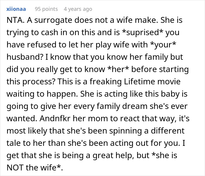 Comment states surrogate is not wife and warns about surrogate boundaries Comment states surrogate is not wife and warns about surrogate boundaries