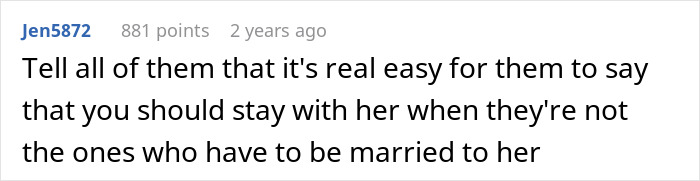 A comment on Reddit from Jen5872, 2 years ago, with 881 points, discussing a postpartum wife and divorce.