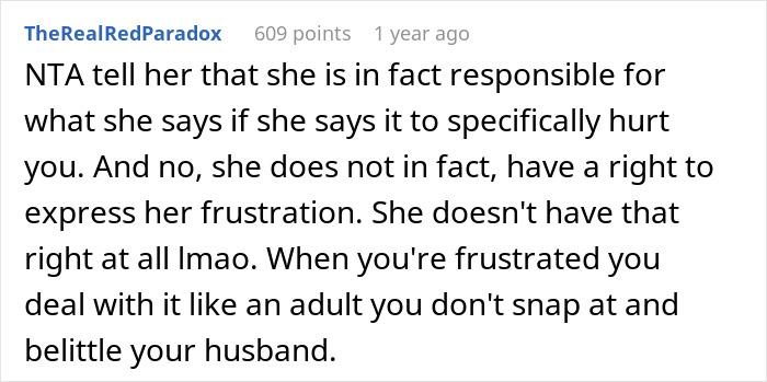A Reddit comment giving advice to a man dealing with a wife who calls him a loser and a failure for his business.