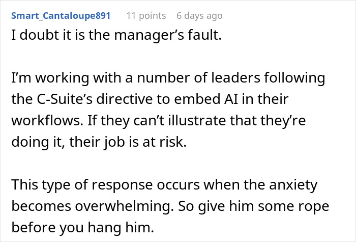 Comment discusses leadership challenges embedding AI in workflows and related job risks