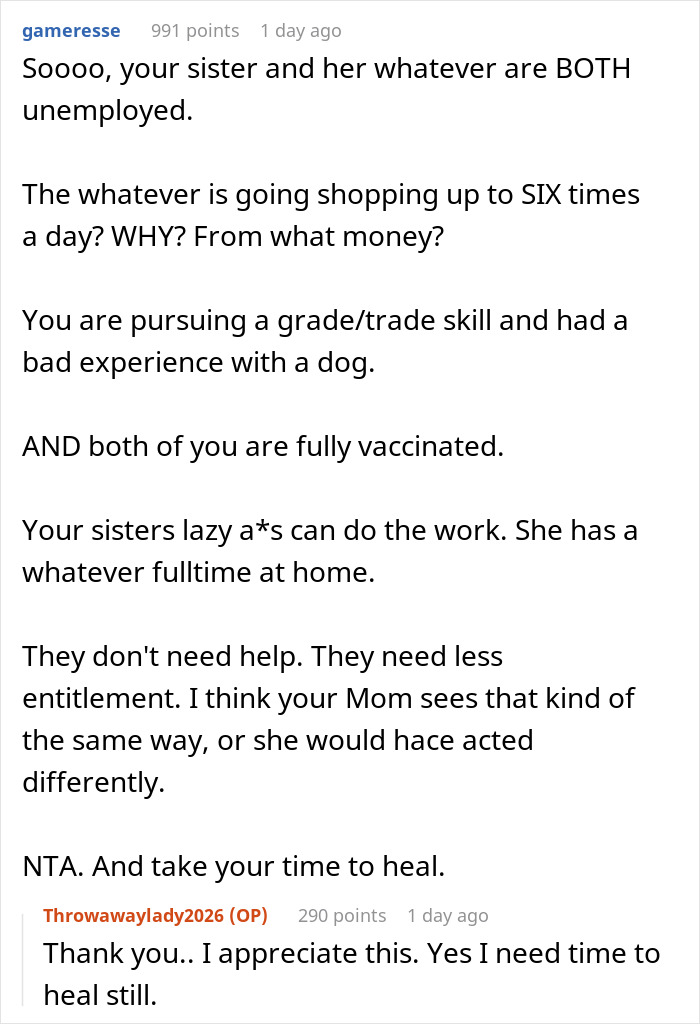 Comments discuss dog attack and family feud over childcare help and entitlement Comments discuss dog attack and family feud over childcare help and entitlement