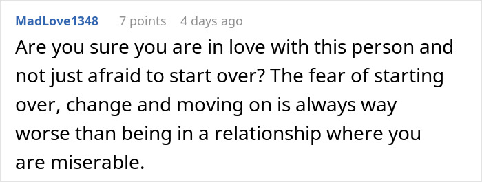 A Reddit comment questioning a relationship and mentioning fear of starting over, relating to how wife behaves on honeymoon.