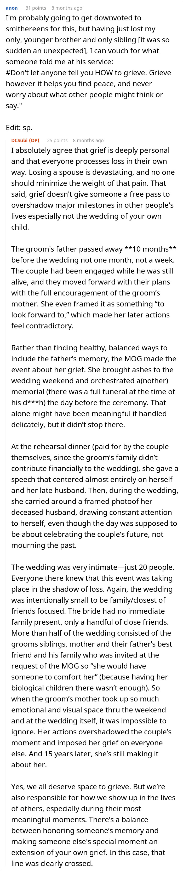 Reddit post discussing grief and showing up at weddings