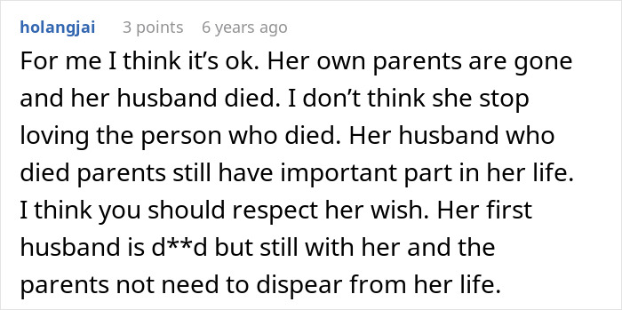Opinion that fianc&eacute;e respecting late husband's parents is okay