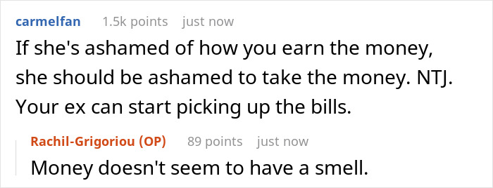 A Reddit post about a daughter ashamed of her dad, who takes away her funds. Text suggests if she's ashamed of how money is earned, she shouldn't take it.