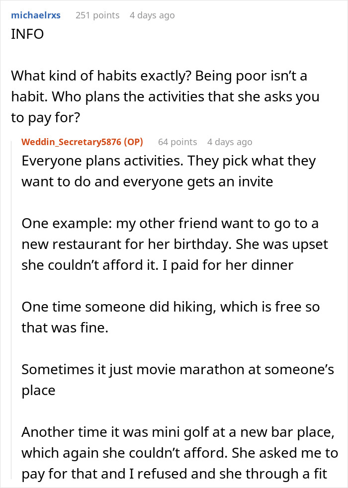 Text comment about entitlement and being poor in bridesmaid context Text comment about entitlement and being poor in bridesmaid context