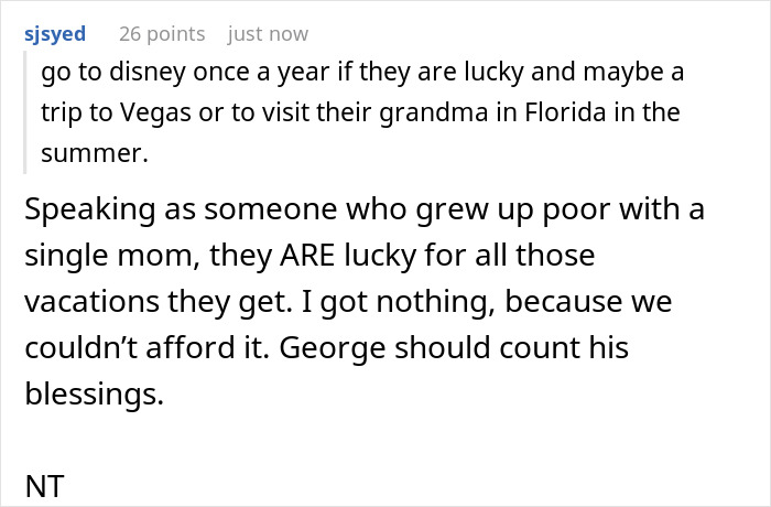 A user comment about being a wealthy woman and the idea of spoiling children, prompting jealousy.