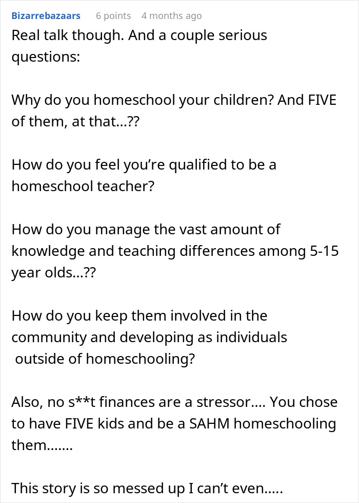 A Reddit post with questions about homeschooling and finances, highlighting themes of marriage, communication, and a wife's job.