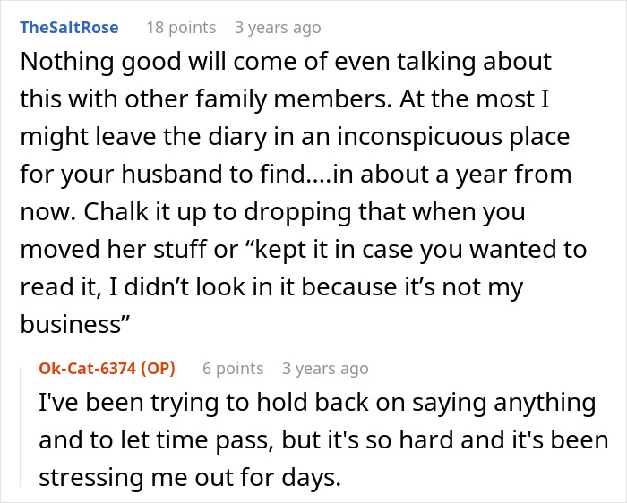 A text exchange discussing a MIL's darkest secret. One user suggests leaving a diary to be found later.