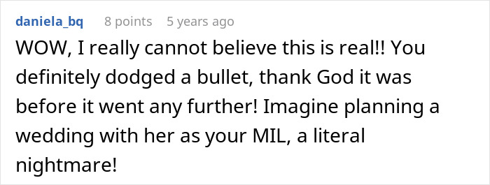 Comment expressing disbelief and relief about dodging a bullet before wedding nightmare Comment expressing disbelief and relief about dodging a bullet before wedding nightmare