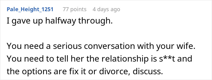A Reddit comment advises a user on their wife's behavior on honeymoon, suggesting a serious conversation or divorce.