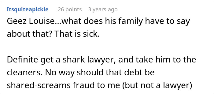 A Reddit comment advising legal action against a husband who started a second family, citing fraud and advocating for a shark lawyer.