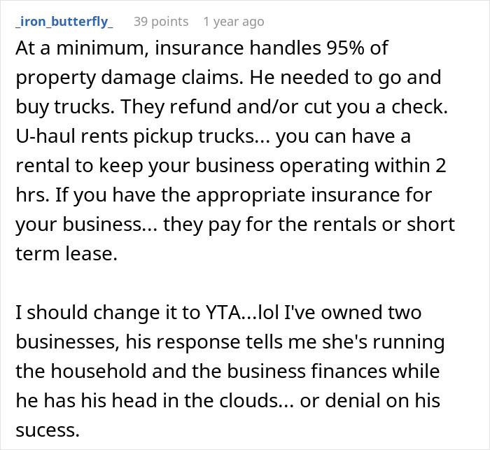 A Reddit comment about insurance and business finances, relating to a man left deflated and feeling like a loser.