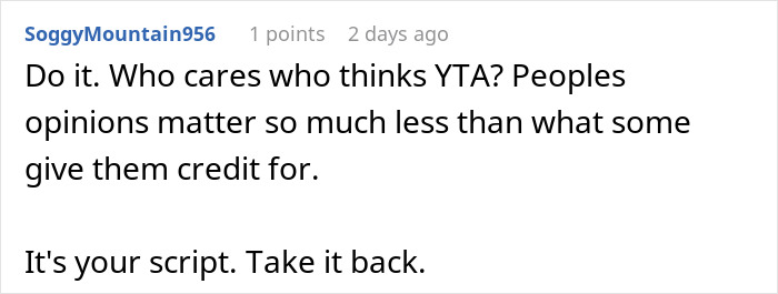 Comment encouraging reclaiming ownership of script despite opinions