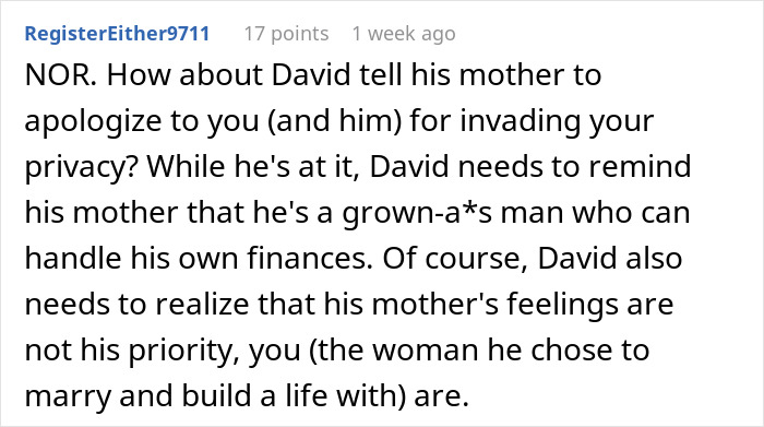 Advice for husband to prioritize wife over mother's feelings in privacy invasion Advice for husband to prioritize wife over mother's feelings in privacy invasion
