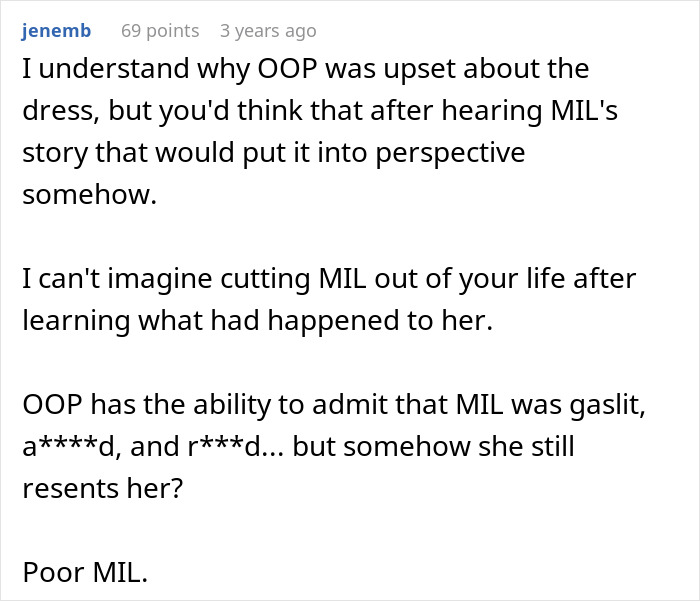 Reddit comment about OOP's reaction to $60K wedding dress and MIL's ordeal