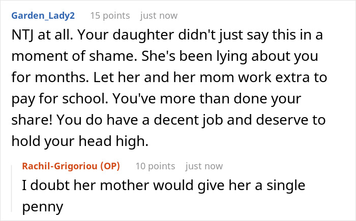 A Reddit screenshot showing a comment supporting the dad who took away his daughter's funds after she called him a family driver.