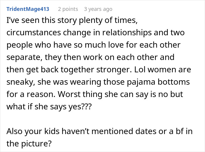 A Reddit comment discussing relationships, love, and reconciliation, relating to a story about a guy who leaves his wife.