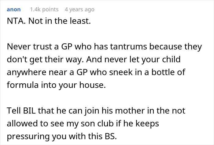 An online comment disowning grandchild over circumcision issues, stating "NTA. Not in the least." This relates to MIL drama.