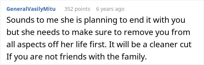 A Reddit comment advises a man about his girlfriend's dad and an ugly cover-up, suggesting she plans to end the relationship.
