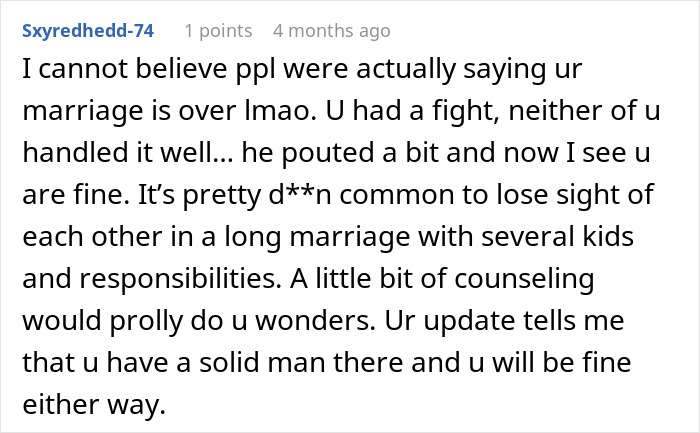 A Reddit comment about a man uninterested in his wife's job, suggesting counseling for their marriage.